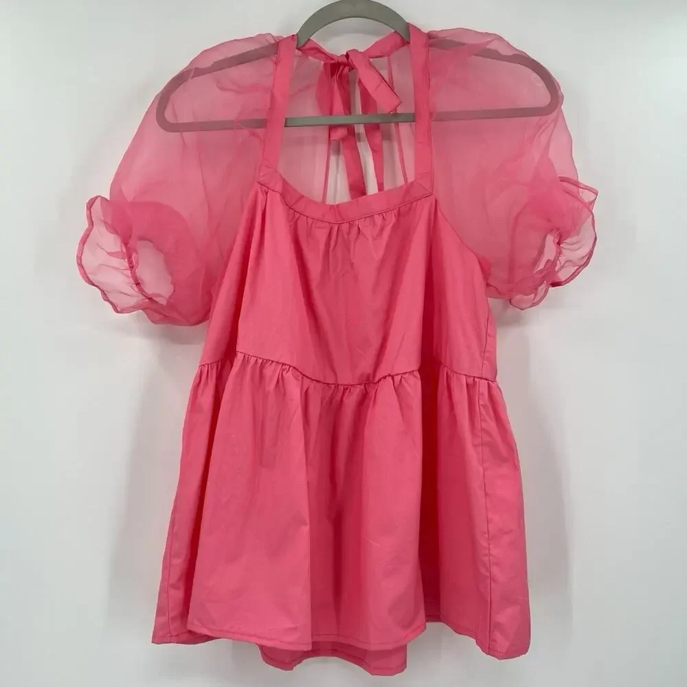 NWOT Pomander Place Tuckernuck Pink Tinsley Top Blouse Sheer Puff Sleeve S - Picture 3 of 3